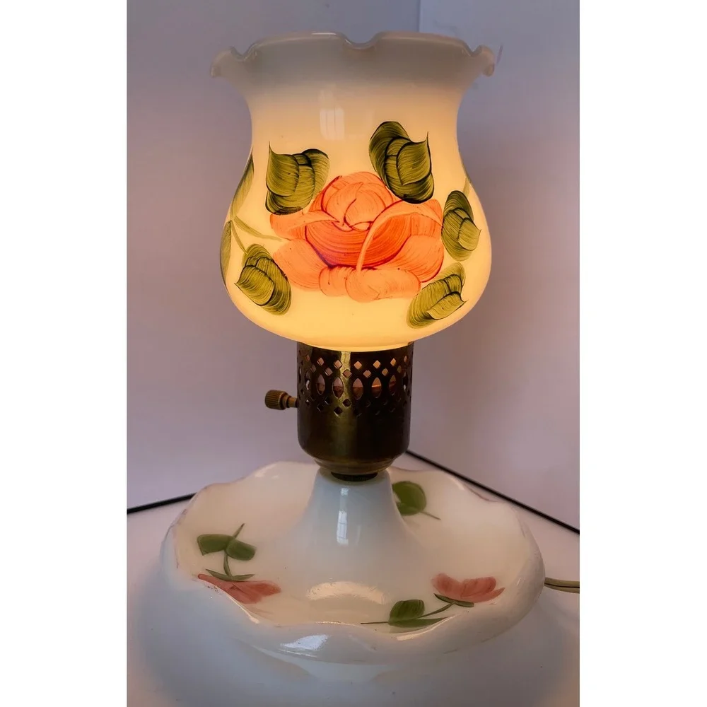 Vintage Milk Glass Hurricane Lamp Hand Painted Pink Roses Ruffled Boudoir Light